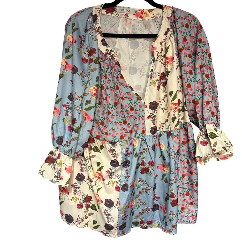 Misslook Womens 2XL Floral Patchwork V-Neck Babydoll Tunic Top Ruffle Sleeve